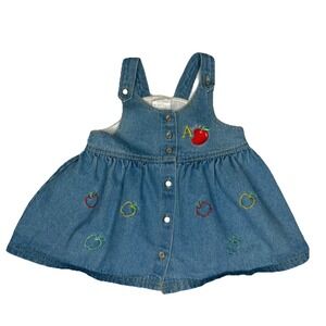 Vintage Babygirl Blue‎ Jean Denim Dress Sz 24 Mo Apple School ABC Embroidered